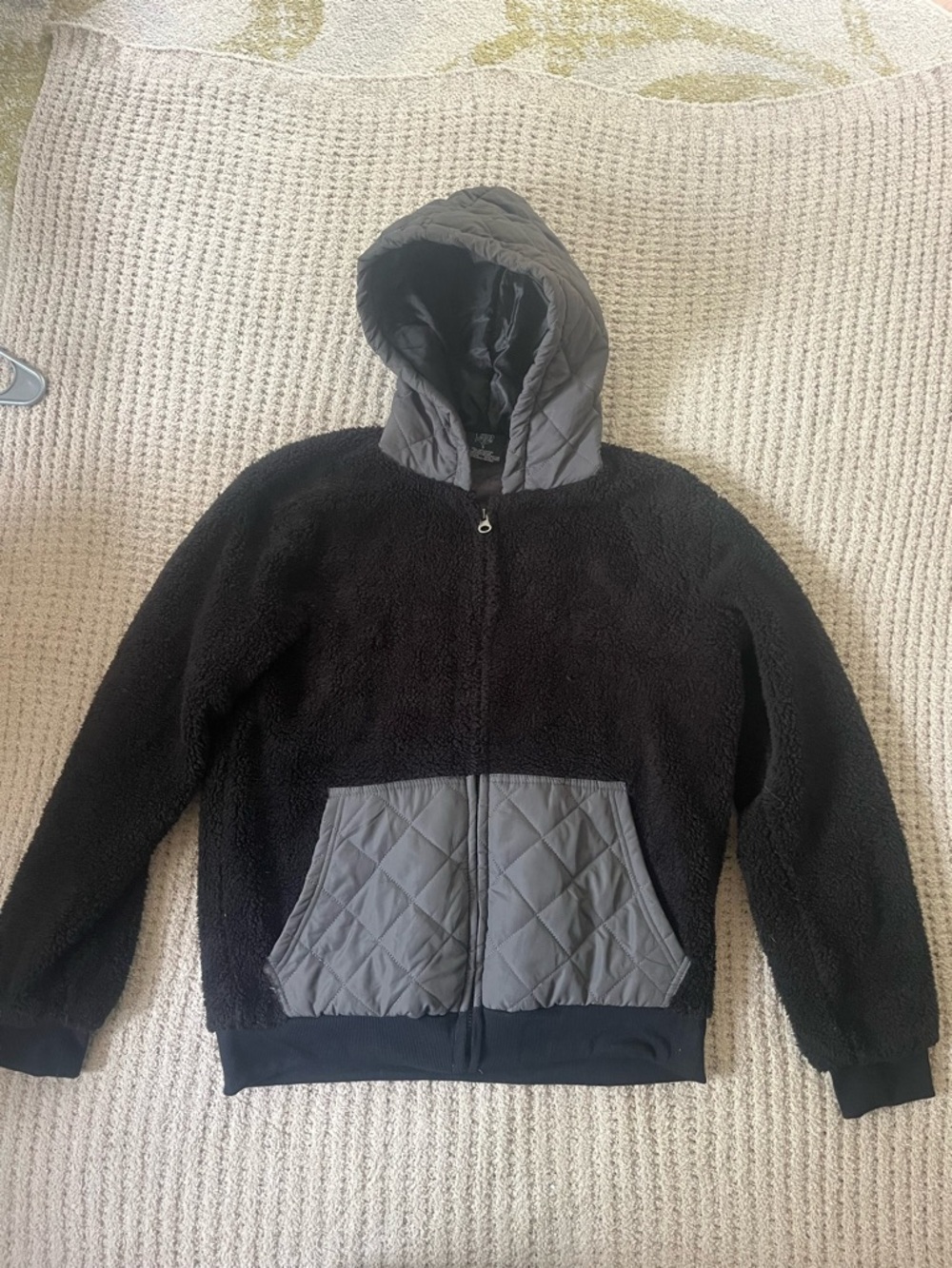 Blue Gear Cozy Black Sherpa Hoodie with Quilted Gray Accents